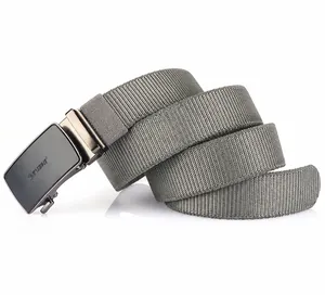 Detail of grey stretch nylon tactical belt with matte zinc alloy automatic buckle