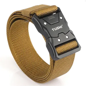 Tactical nylon belt in coyote brown with a black quick-release buckle for outdoor training