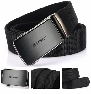 Detail view of durable black nylon tactical belt with ergonomic grey metal automatic buckle