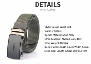 Detailed specs of nylon tactical belt with zinc alloy auto buckle and adjustable elastic strap