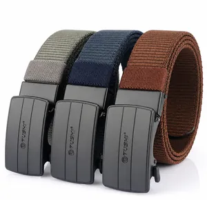 Detailed view of nylon elastic belts in grey, navy and brown with matte auto buckles