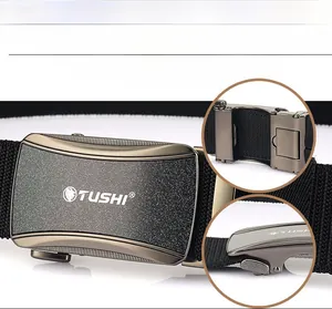 Detail of men's woven elastic belt with matte automatic buckle and hole-less adjustment