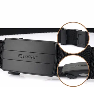 Detail of black tactical nylon elastic belt featuring a matte automatic buckle and logo