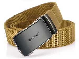 Close-up of khaki elastic nylon tactical belt with gunmetal automatic buckle detail
