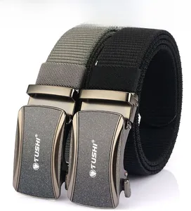 Detail of grey and black woven stretch nylon belts with frosted automatic metal buckles