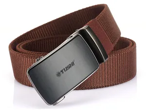 Detailed view of brown nylon elastic tactical belt with polished automatic buckle