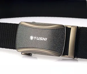 Close-up of zinc alloy automatic buckle with matte finish and woven nylon belt texture