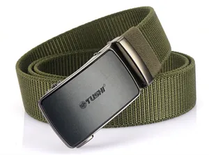 Detail of army green nylon tactical belt with matte grey automatic metal buckle and logo