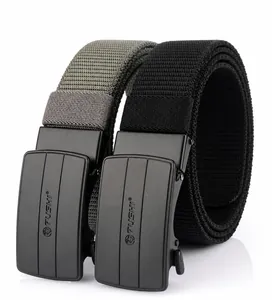 Detail of grey and black stretch nylon belts with matte black automatic buckles