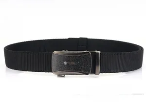Close-up of black nylon woven tactical belt with grey metal automatic quick release buckle
