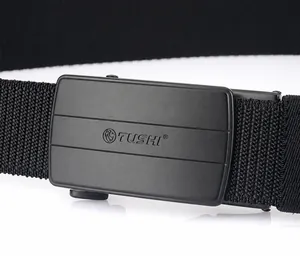 Detail view of tactical nylon belt with matte black zinc alloy quick-release buckle