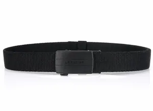 Close-up of black tactical nylon belt with metal automatic buckle and textured weave