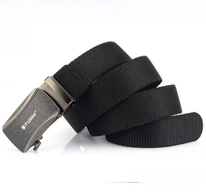Detail of matte alloy buckle with TUSHI logo and thick elastic woven nylon belt strap
