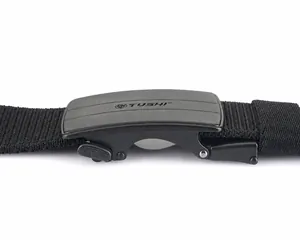 Detail of matte black automatic buckle with adjustable nylon stretch webbing belt