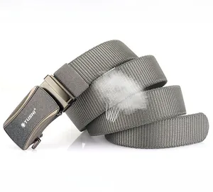 Detailed view of dark grey woven nylon tactical belt with a zinc alloy automatic buckle