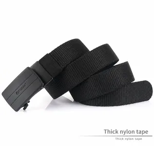 Close-up of black elastic nylon belt with matte metal automatic buckle and woven texture