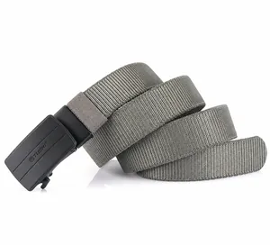 Detail view of the gray nylon stretch belt with a black zinc alloy automatic buckle