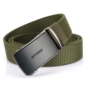 Men's tactical army green nylon belt with automatic alloy buckle for outdoor activities