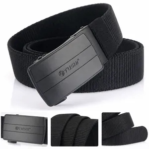 Close-up of matte metal automatic buckle and durable woven elastic nylon belt texture