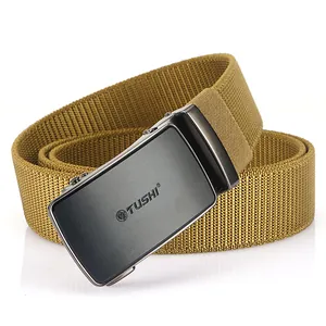 Men's khaki elastic nylon tactical belt with automatic buckle for outdoor activities