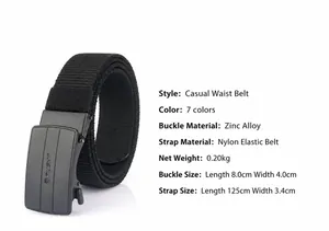 Detail of black tactical nylon elastic belt with zinc alloy automatic buckle and TUSHI logo
