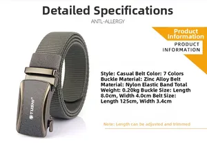 Macro detail of army green elastic nylon belt with zinc alloy automatic buckle features