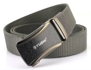 Detail of army green woven nylon belt with a black alloy automatic buckle and logo