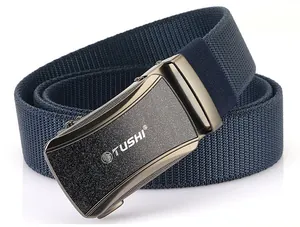 Detailed view of dark blue woven nylon belt texture with matte metal automatic buckle