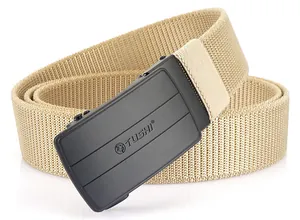 Close-up of khaki nylon elastic belt with matte black automatic metal buckle and logo