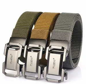 Detailed view of three nylon tactical belts in army green, khaki and grey with alloy buckle