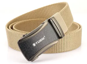 Detailed close-up of khaki woven nylon belt with matte gunmetal automatic buckle