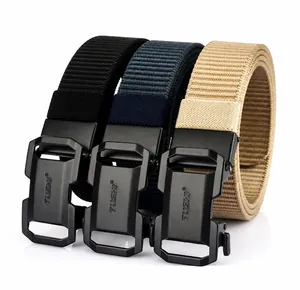 Three-piece set of tactical nylon belts in black, blue, and khaki with alloy buckles