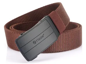 Macro detail of brown woven nylon strap and matte black automatic buckle with logo