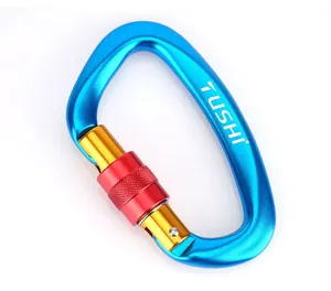 Detailansicht D-Form Kletterkarabiner mit geriffeltem rotem Schraubverschluss in Blau
