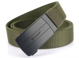Macro detail of military green elastic nylon tactical belt with matte black auto buckle