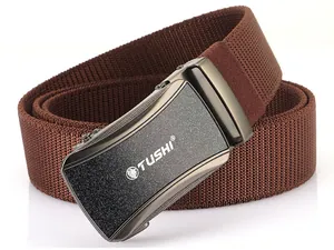 Detail of dark brown woven nylon belt featuring a matte grey automatic metal buckle