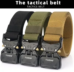 Heavy-duty tactical belts with quick-release metal buckles in black, green, and khaki