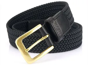 Detailansicht des schwarzen Flechtgürtels mit goldener Messingschnalle und Lederbesatz
