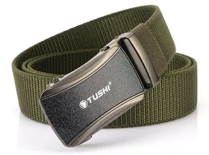 Close-up of military green nylon braided belt with metal buckle featuring a lion logo