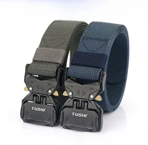Detail of heavy-duty nylon tactical belts in army green and navy blue with alloy buckles