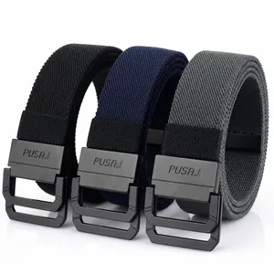 Detailed close-up of elastic woven canvas belts in black, navy, and grey with double ring buckle