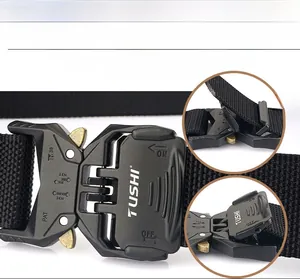 Detail view of quick-release alloy buckle and durable black nylon tactical belt texture