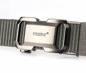 Detail of grey nylon belt with zinc alloy quick-release buckle and TUSHI logo engraving