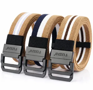 Detailed view of elastic woven canvas belts with matte black zinc alloy double D-rings