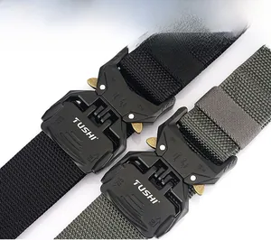 Detail of quick-release metal buckle and heavy-duty nylon webbing on tactical belt