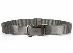 Detail view of grey nylon tactical belt with metal quick release automatic buckle