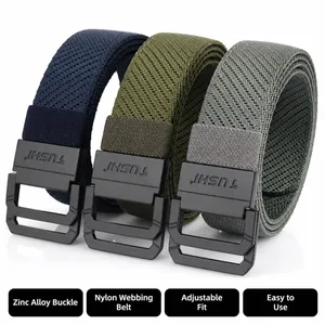Detail view of navy, army green and grey stretch woven nylon belts with matte double ring buckles