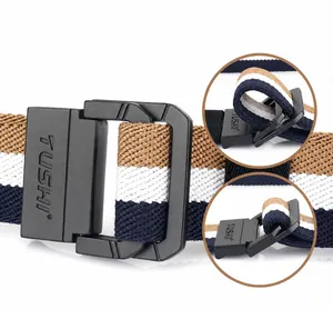Detail of navy, khaki, and white striped woven belt with matte black double ring buckle