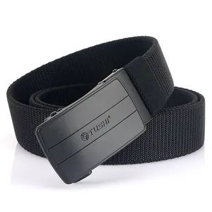 Elastic black nylon belt for men with a matte automatic buckle and durable textured strap