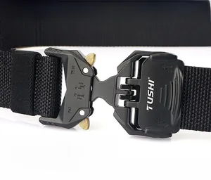 Detail of nylon tactical belt featuring a zinc alloy quick-release buckle and 3KN load rating